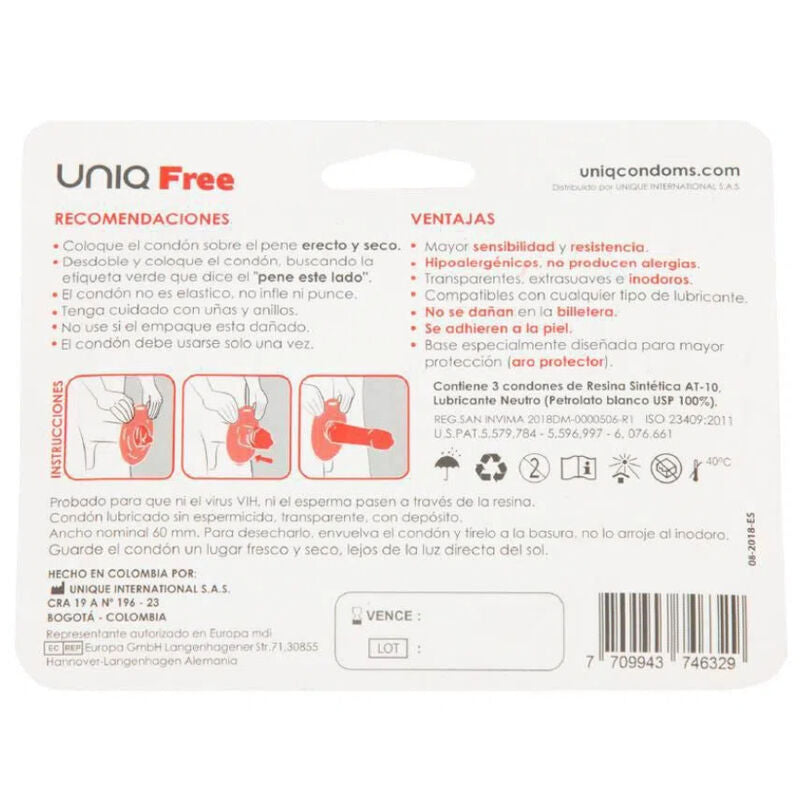 UNIQ - FREE PRÉSERVATIFS SANS LATEX AVEC ANNEAU DE PROTECTION 3 UNITÉS