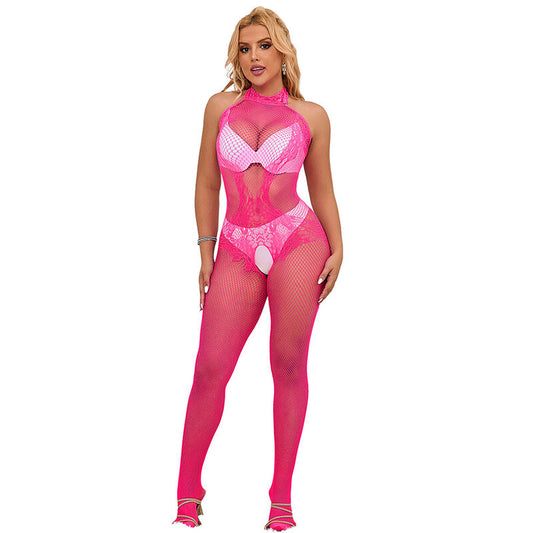 SUBBLIME - 952389 BODYSTOCKING RÉSILLE ET DENTELLE SANS FOURRURE AVEC COL MONTANT ROSE TAILLE UNIQUE