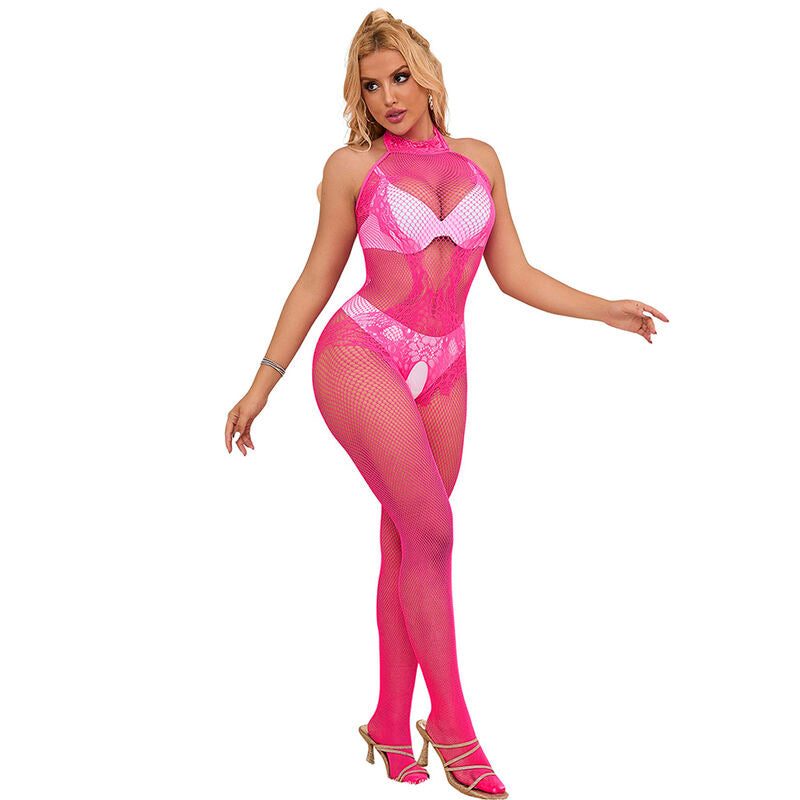 SUBBLIME - 952389 BODYSTOCKING RÉSILLE ET DENTELLE SANS FOURRURE AVEC COL MONTANT ROSE TAILLE UNIQUE