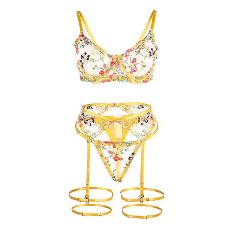 SUBBLIME - 954345 SOUTIEN-GORGE + STRING + PORTE-JARRETELLES MOTIF FLORAL JAUNE S/M